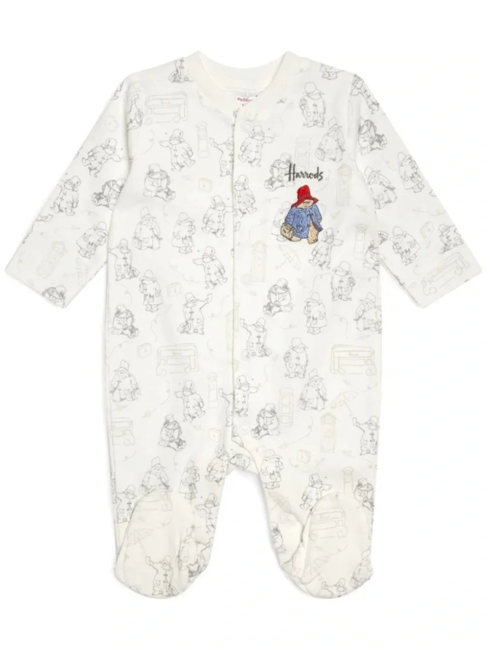 Harrods White Paddington Bear Embroidered Footie with Red Hat Detail